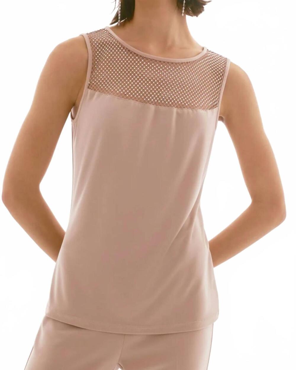 NEW JOSEPH RIBKOFF silky knit and rhinestone mesh top in sand